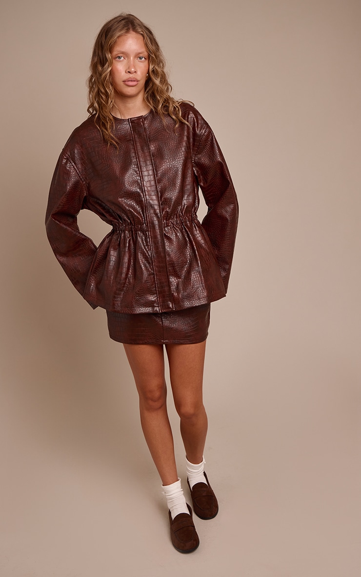 Brown Croc Faux Leather Cinched Waist Jacket image 3