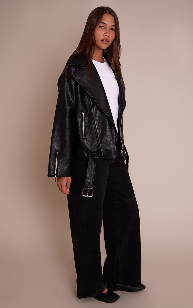 Black Faux Leather Oversized Biker Style Jacket image 3