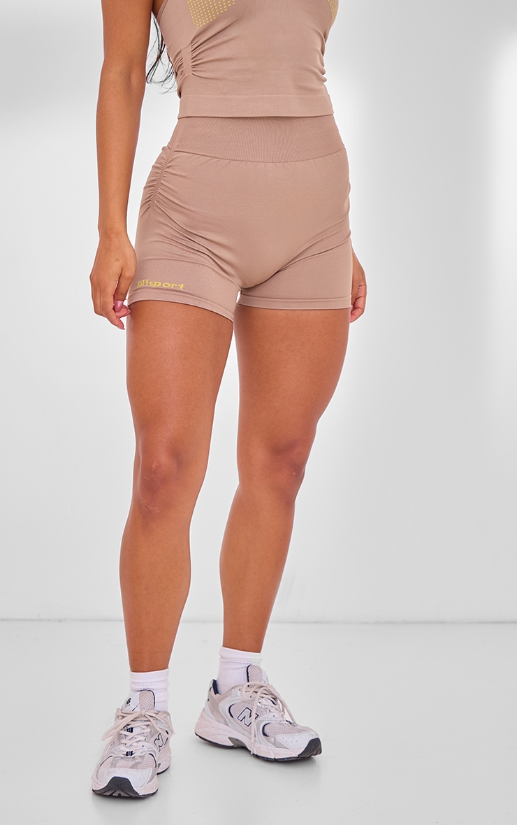 PLT SPORT Light Mocha Seamless Contrast Branding Booty Shorts image 2