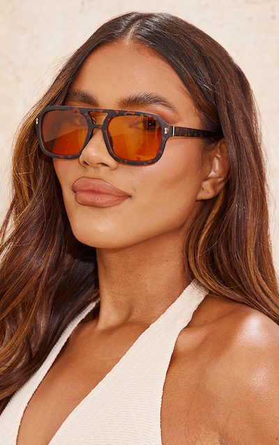 Brown Tort Frame Orange Smoke Lens Aviator Sunglasses