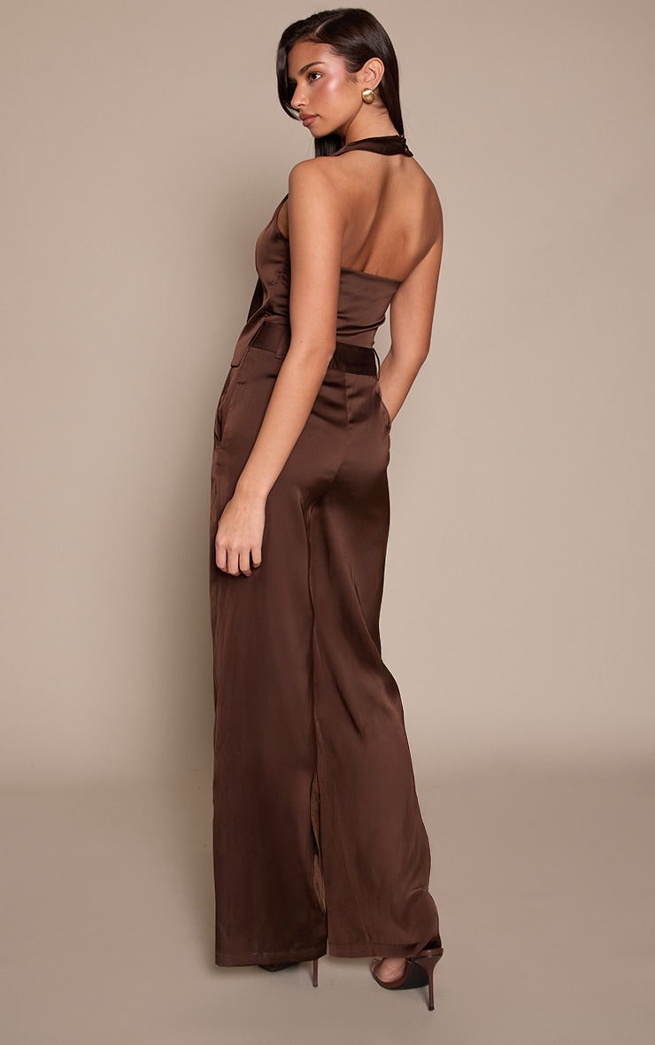 Chocolate Satin Tie Front Wide Leg Jumpsuit image 2