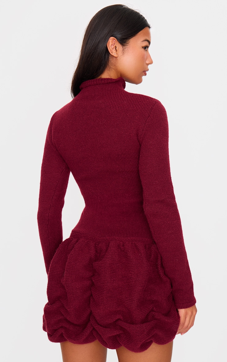 Burgundy High Neck Knitted Puffball Mini Dress image 2