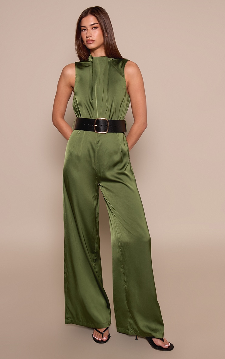 Khaki Satin High Neck Belt Detail Wide Leg Jumpsuit