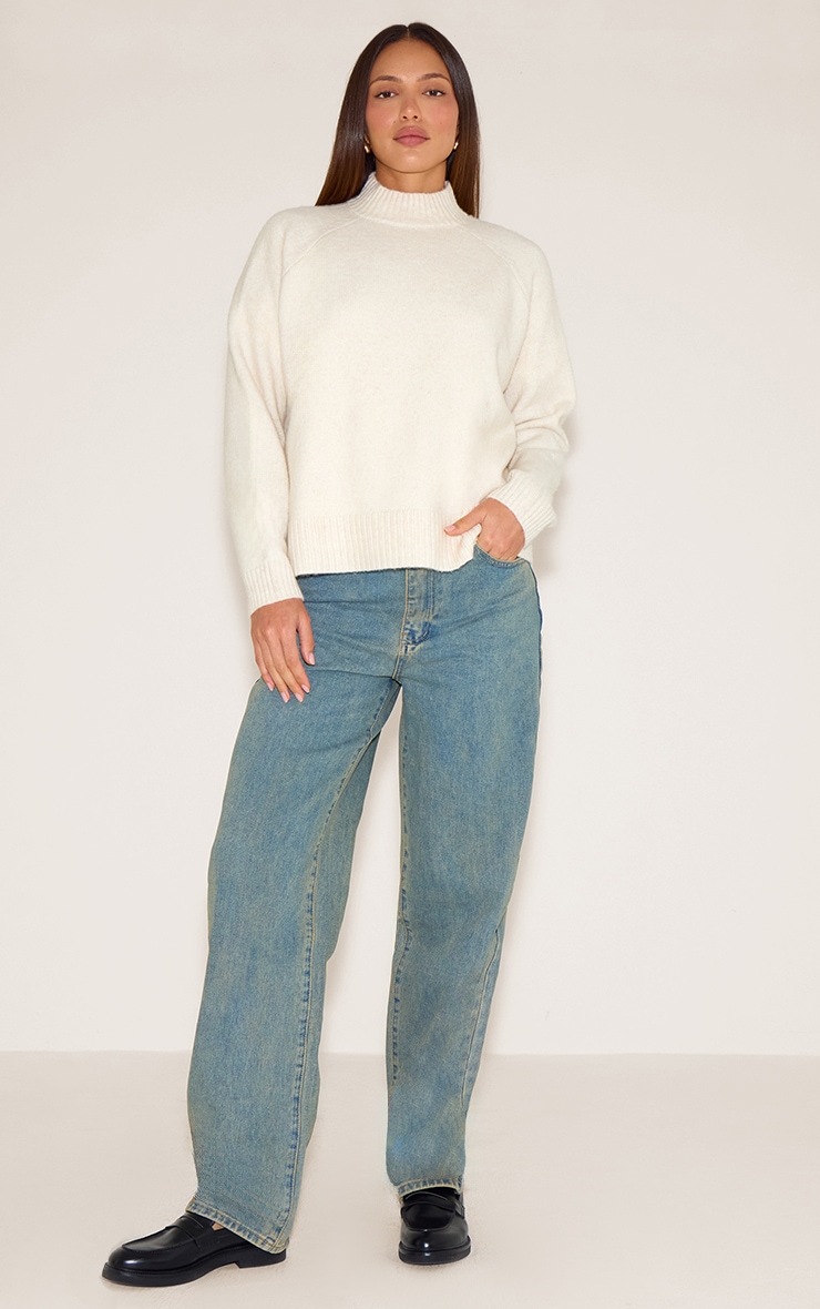Tall Cream Knit Oversized Polo Neck Sweater image 3