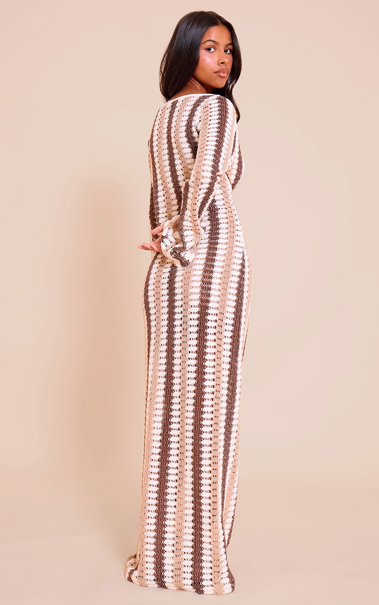 Petite Chocolate Crochet Stripe Long Sleeve Maxi Dress image 2