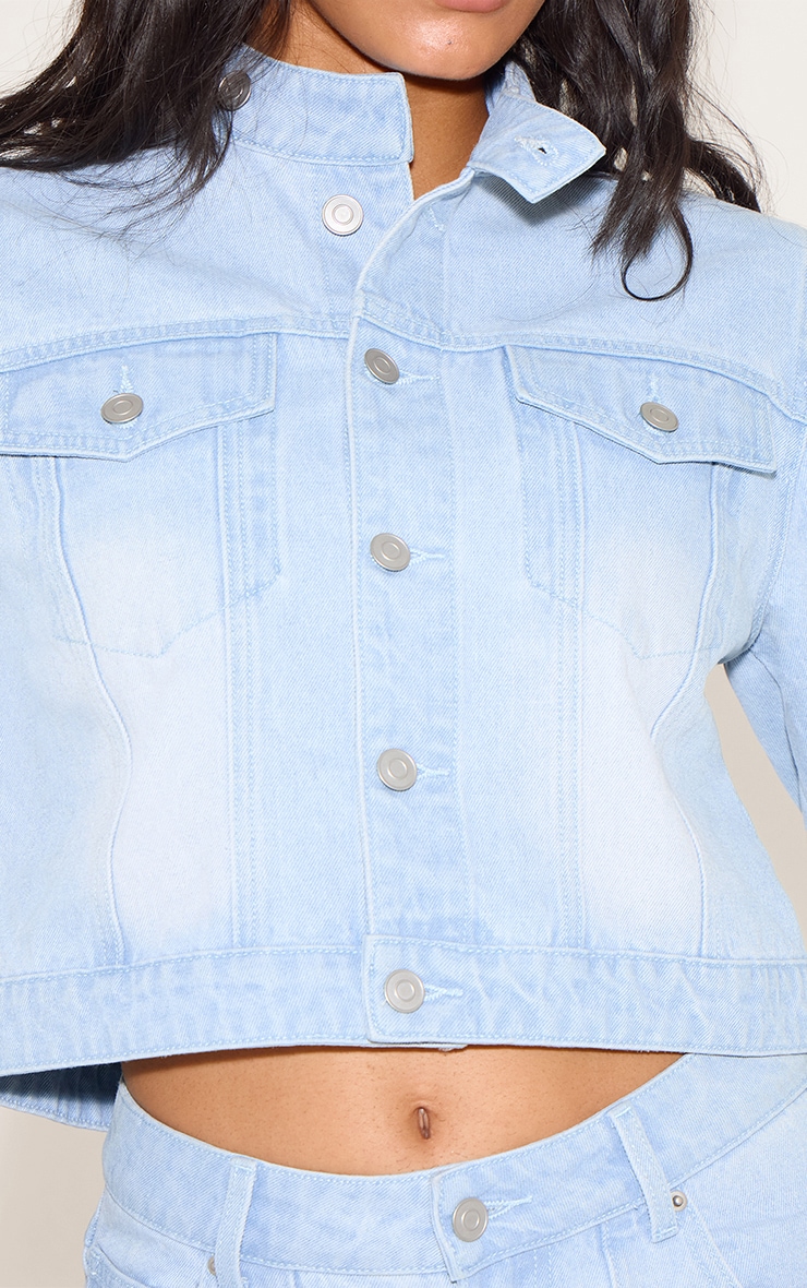 Light Blue Seam Detail Cropped Denim Racer Jacket image 4