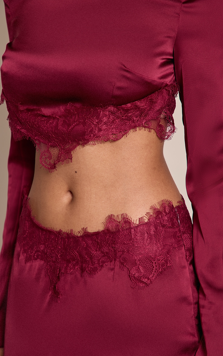 Burgundy Satin Lace Trim Mini Skirt image 5