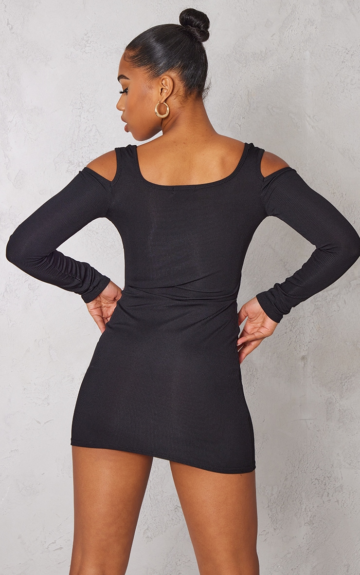 Black Rib Keyhole Waist Cut Out Bodycon Dress image 2