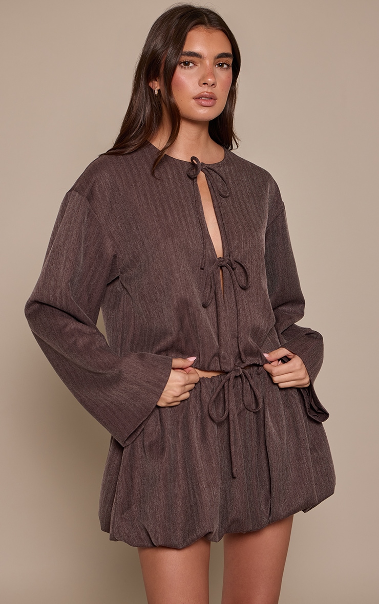 Brown Brushed Tie Front Blouse