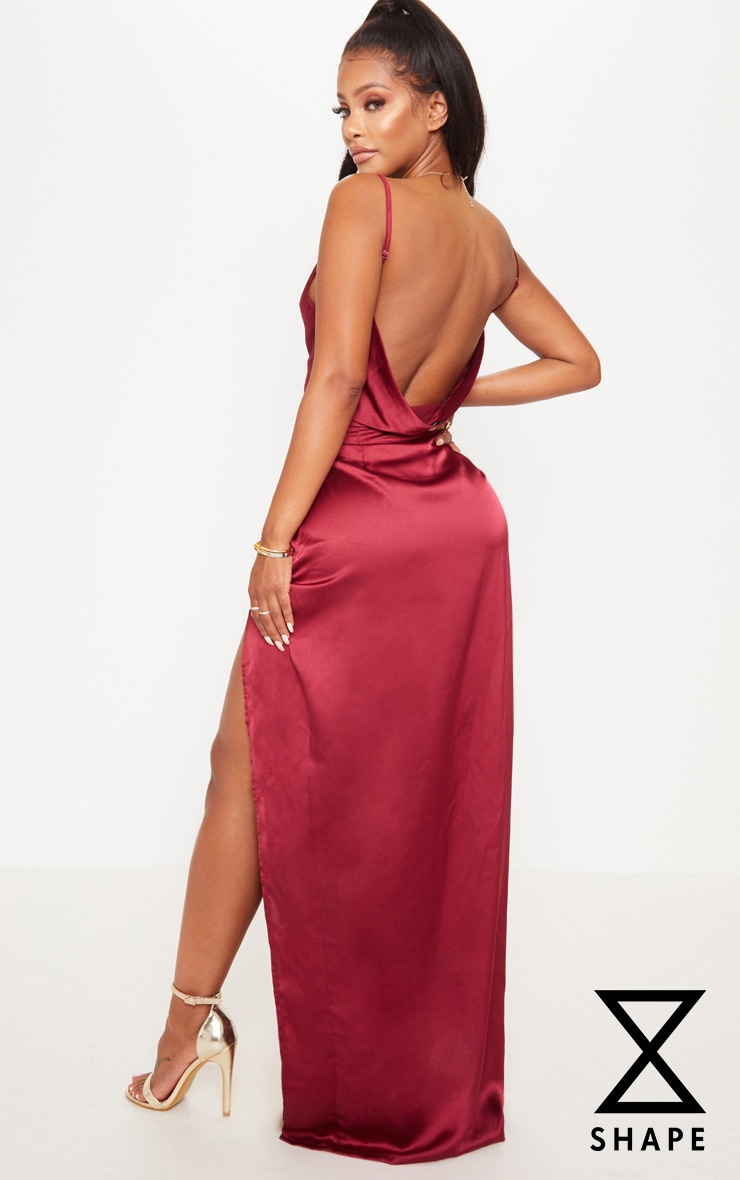 Shape Burgundy Satin Cowl Neck Maxi Dress Prettylittlething Usa