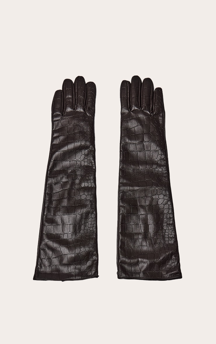 Chocolate Croc Faux Leather Long Gloves image 2