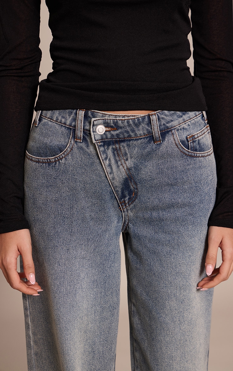 Vintage Wash Asymmetric Waistband Wide Leg Jeans image 4