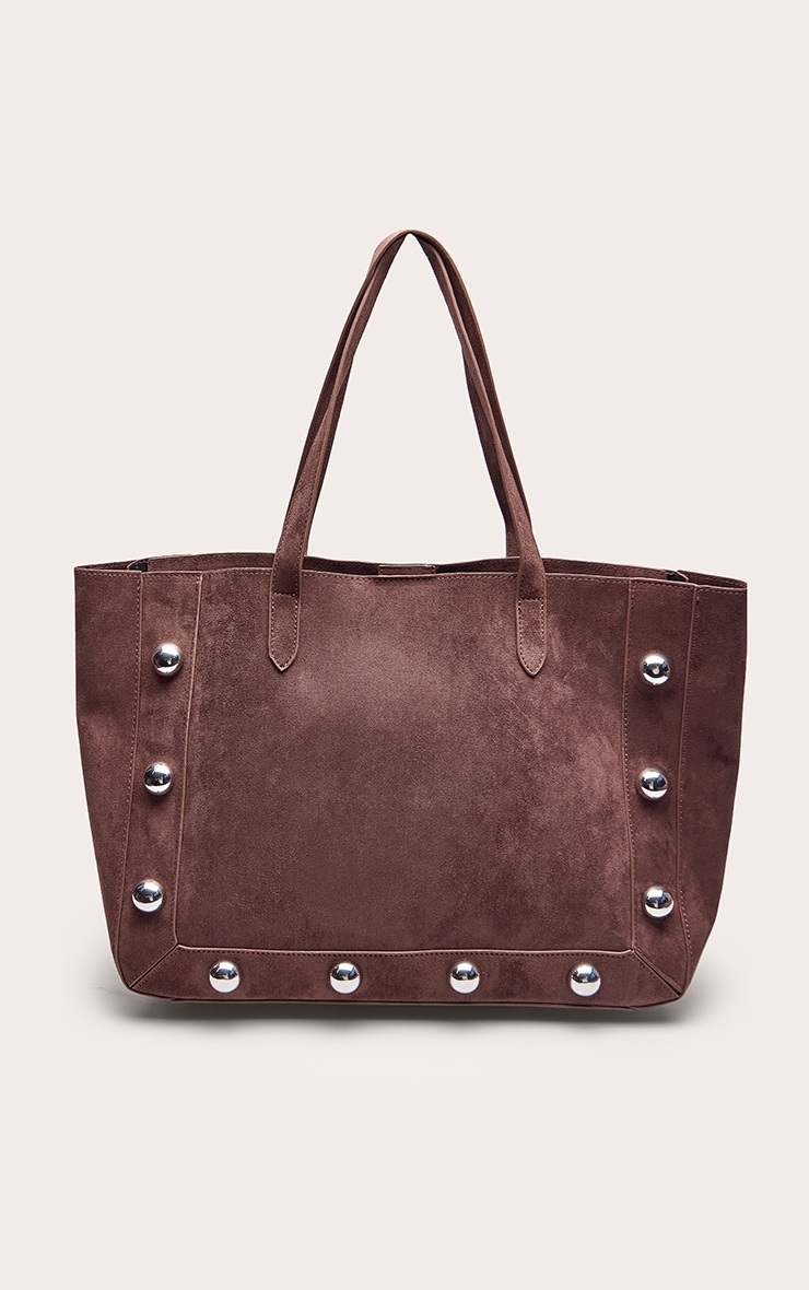 Chocolate Faux Suede Dome Stud Tote Bag image 2