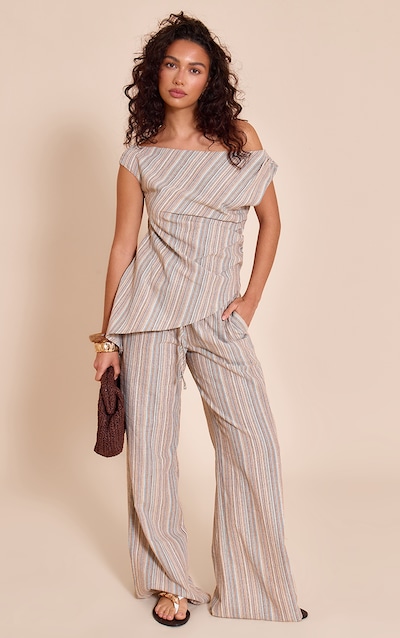 Pantalon droit texturé multicolore à rayures