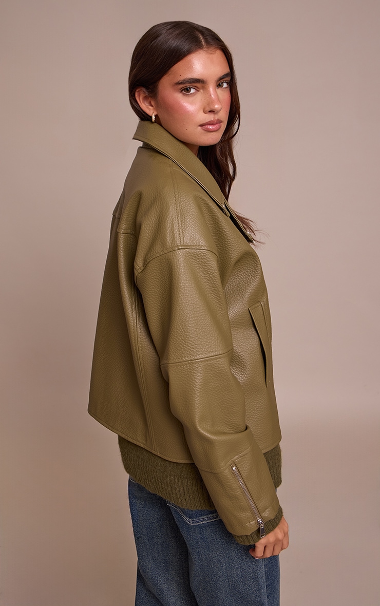 Olive Faux Leather Oversized Biker Jacket image 2