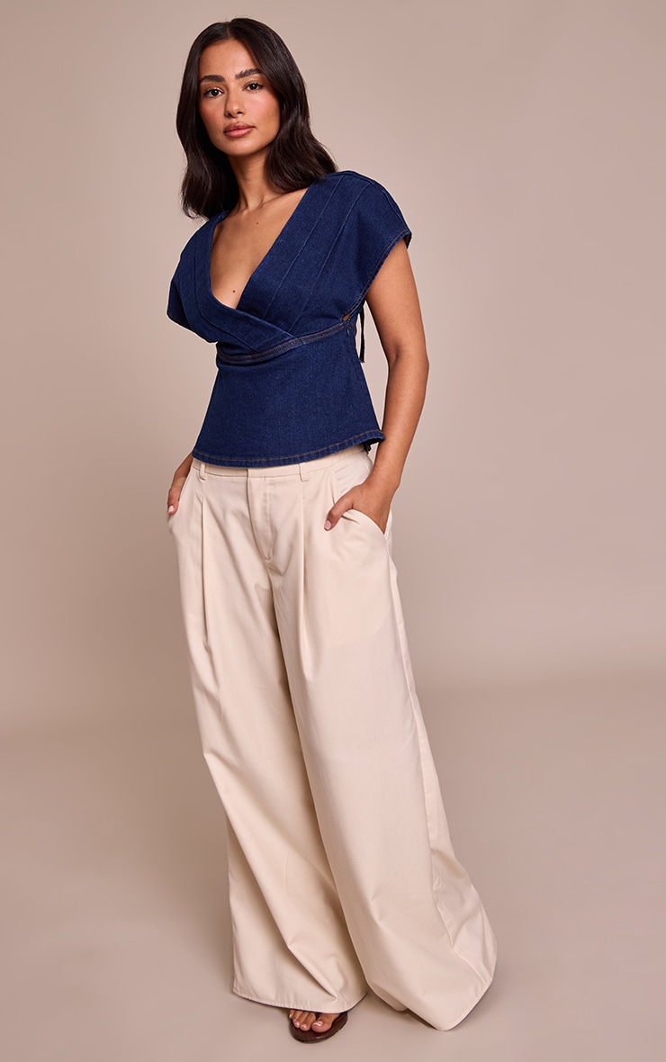 Petite Indigo Denim Peplum V neck Top image 3