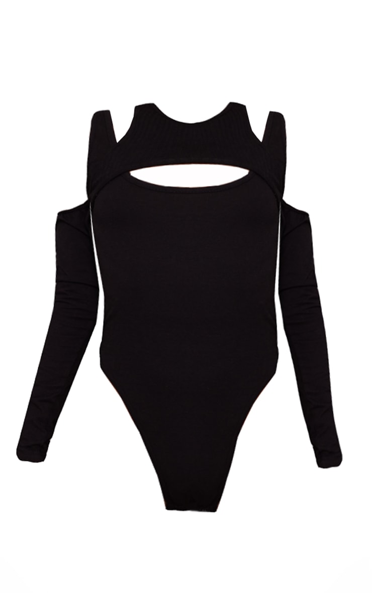 Black Contrast Fabric Cold Shoulder Bodysuit image 5