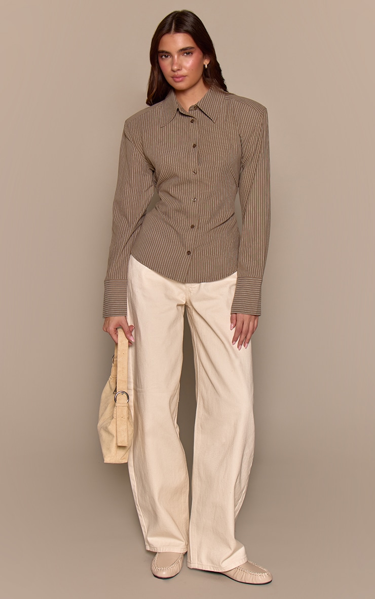 Mocha Striped Peachskin Fitted Shoulder Padded Shirt  image 3