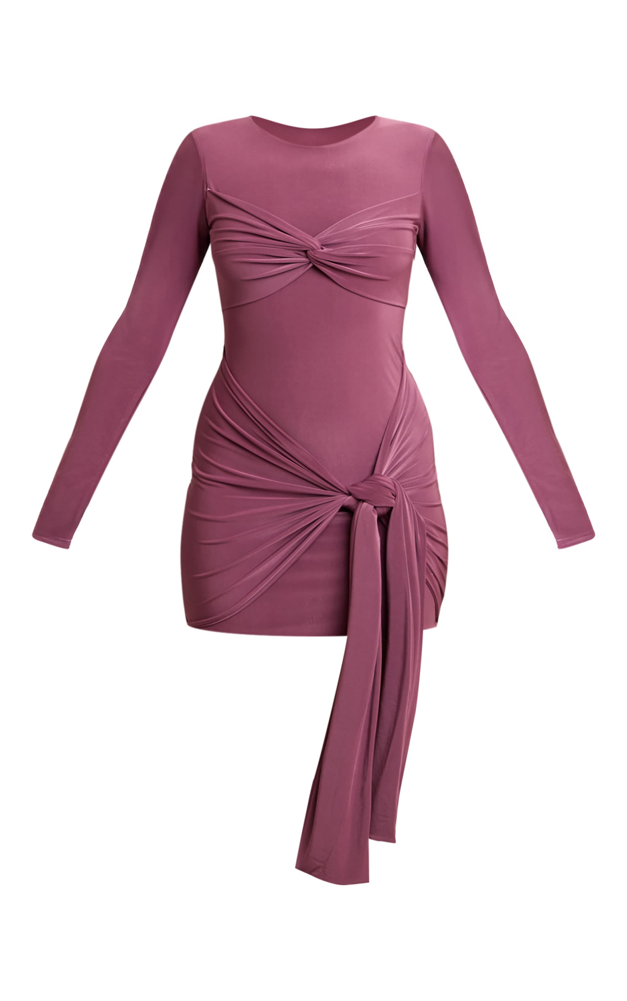 Mauve Slinky Long Sleeve Wrap Twist Detail Mini Dress image 5