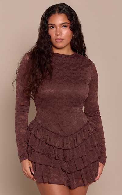 Shape Chocolate Stretch Lace Frill Hem Romper