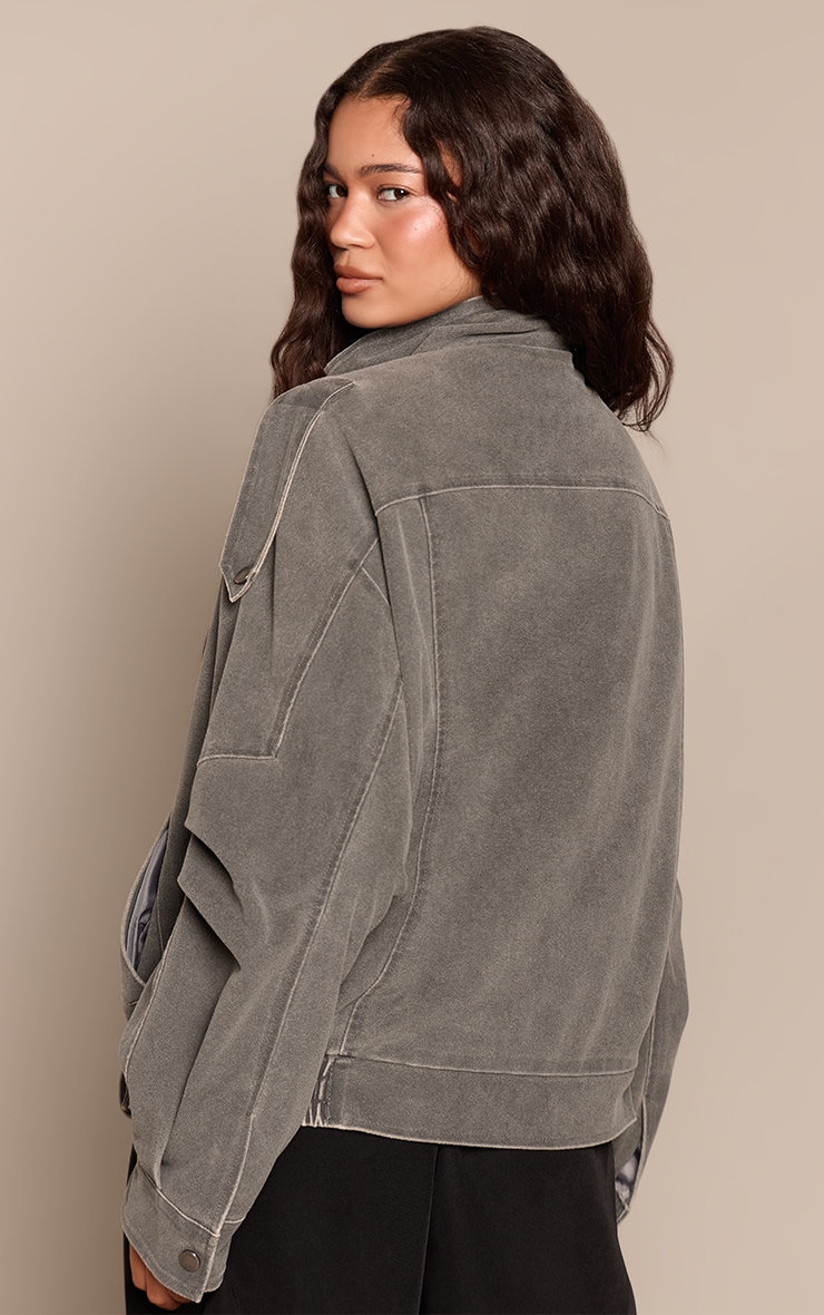 Grey Burnished Funnel Neck Low Belt Soft Suede Biker Jacket image 2