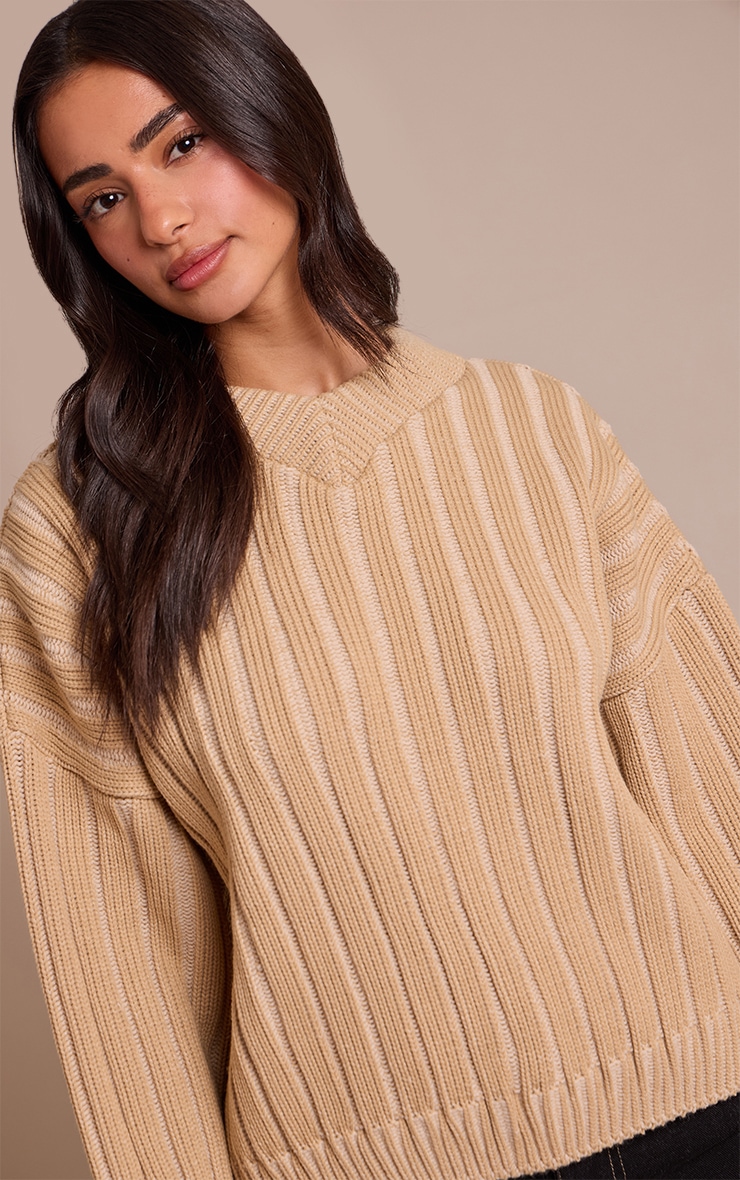 Petite Pull en maille tricot épaisse côtelée beige à col en V image 4