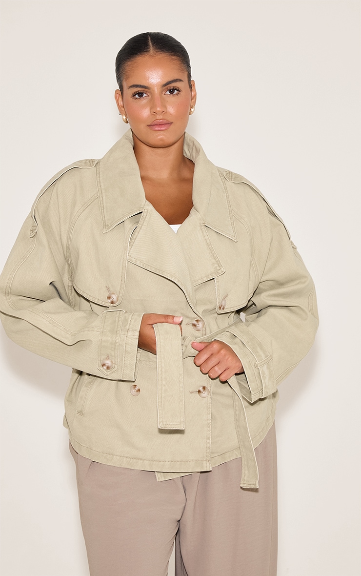 Plus Vintage Mid Wash Belted Button Detail Cropped Denim Trench image 1