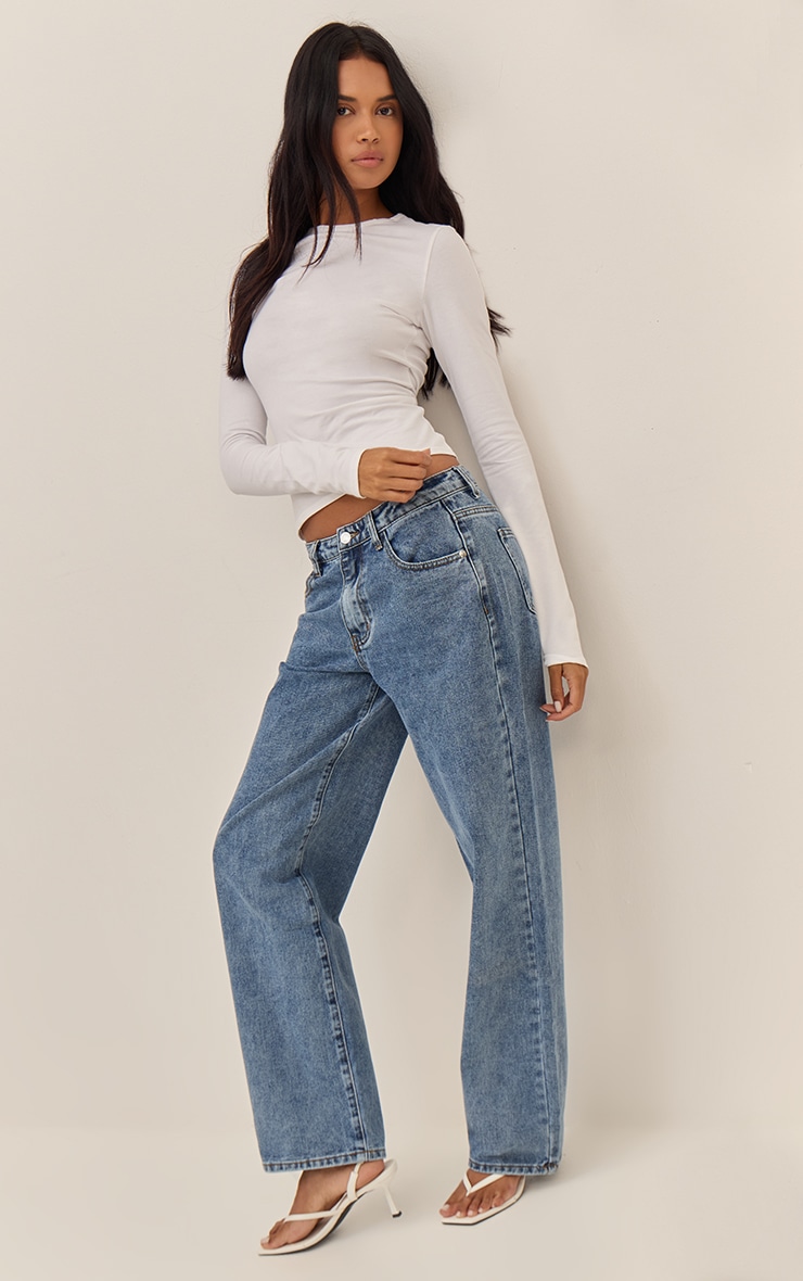 Mid Blue Wash Mid Rise Straight Leg Jeans