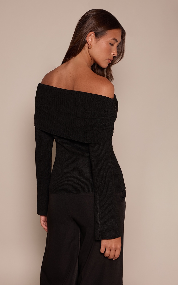 Black Foldover Bardot Knitted Sweater  image 2