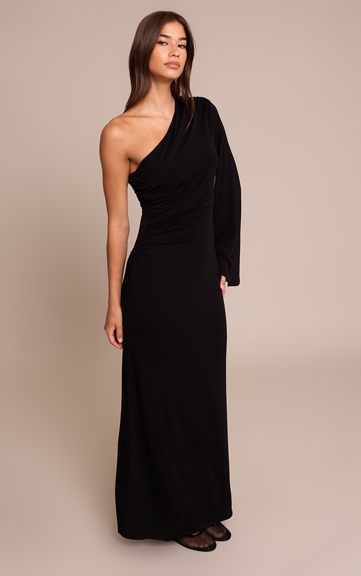 Black Jersey One Shoulder Ruched Detail Maxi Dress image 3