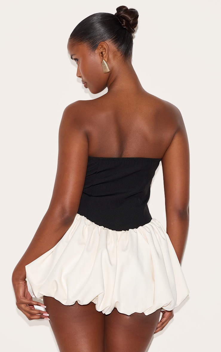 Black Contrast Woven Bandeau Puffball Romper image 2