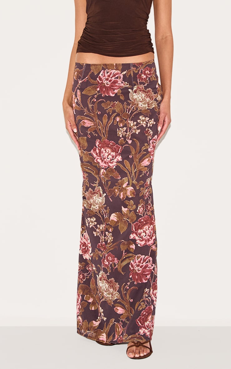 Brown Floral Print Chiffon Maxi Skirt image 1
