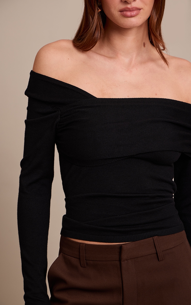Black Long Sleeve Asymmetric Shoulder Knitted Top image 4