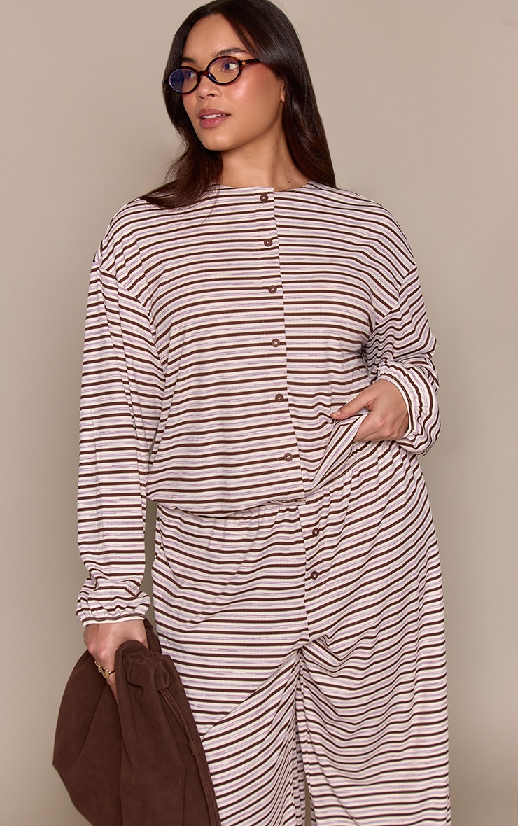 Plus Dark Brown Stripe Soft Rib Relaxed Button Up Top image 1