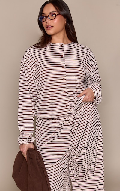Plus Dark Brown Stripe Soft Rib Relaxed Button Up Top