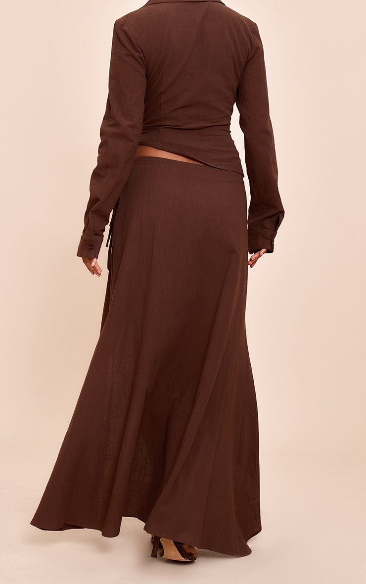 Dark Brown Linen Look Split Tie Midi Skirt image 3