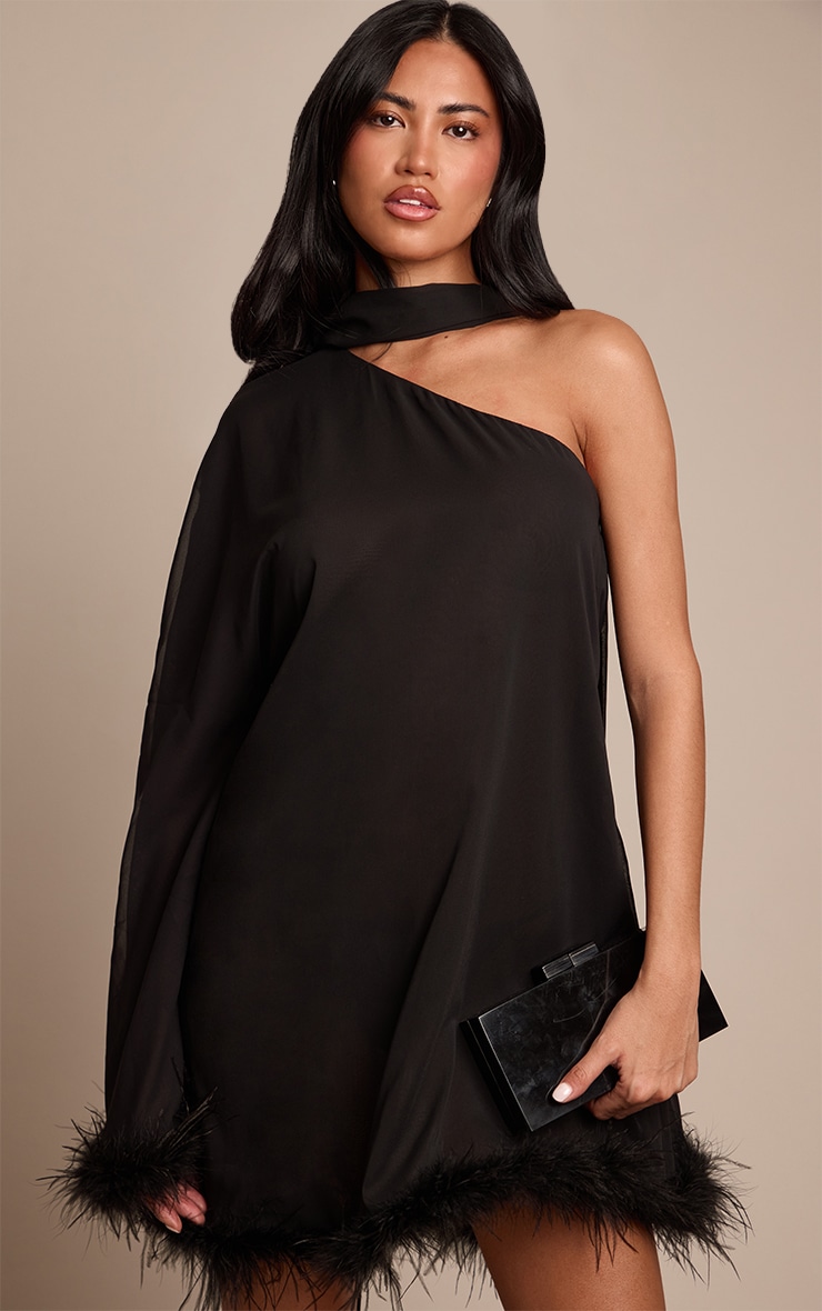 Black Chiffon One Shoulder Feather Detail Shift Dress image 1