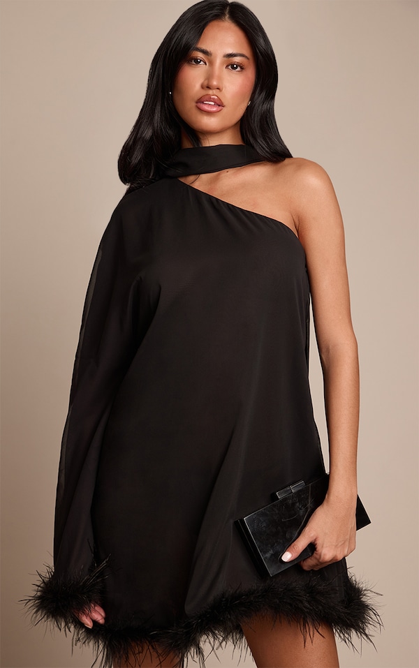 Black Chiffon One Shoulder Feather Detail Shift Dress