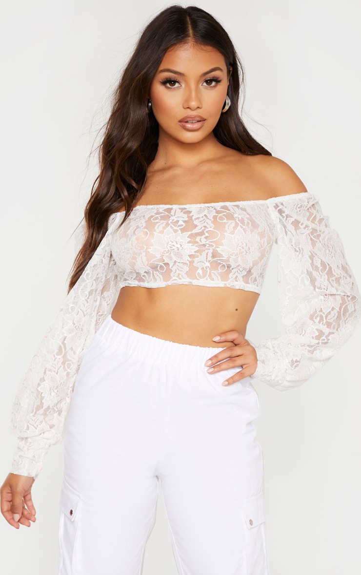 Petite White Lace Bardot Sleeve Crop Top