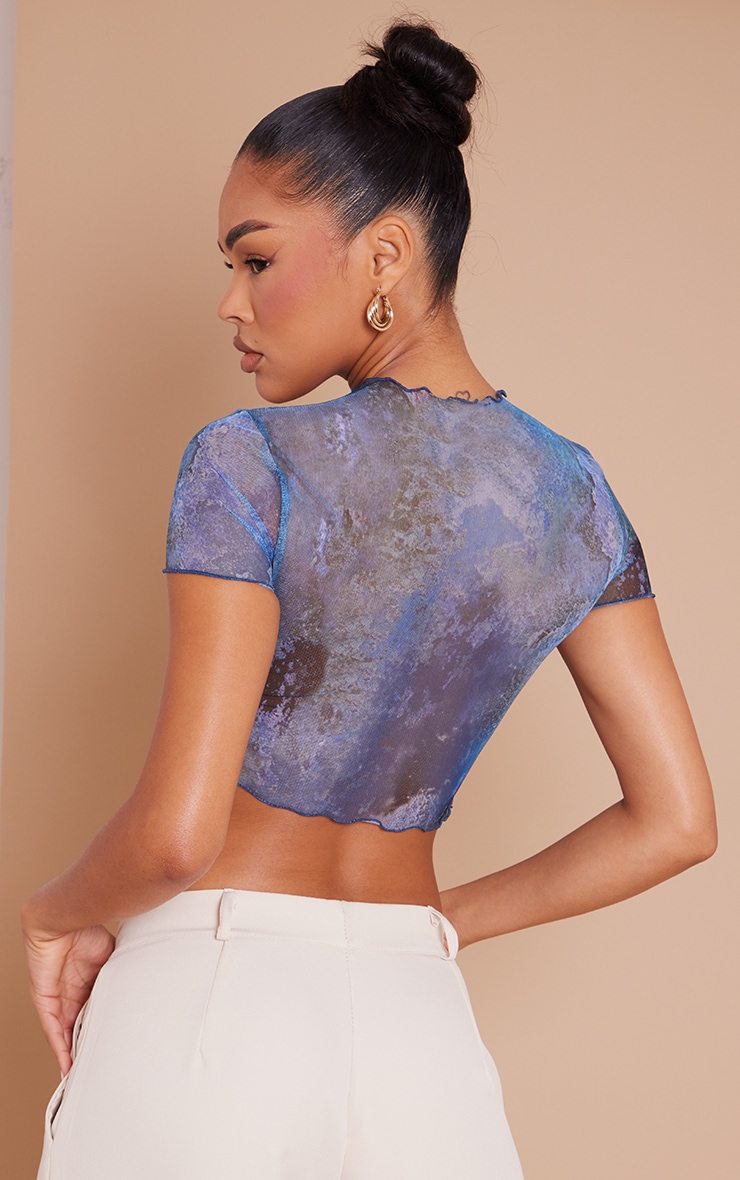 Blue Printed Mesh Lettuce Hem Short Sleeve Crop Top image 2