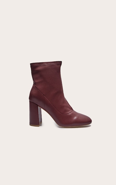 Burgundy Pu Round Toe Heeled Ankle Sock Boots
