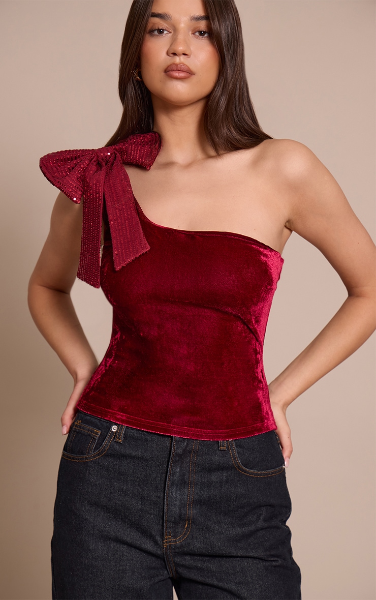 Burgundy Asymmetric Velvet Sequin Bow Detail Long Top image 1
