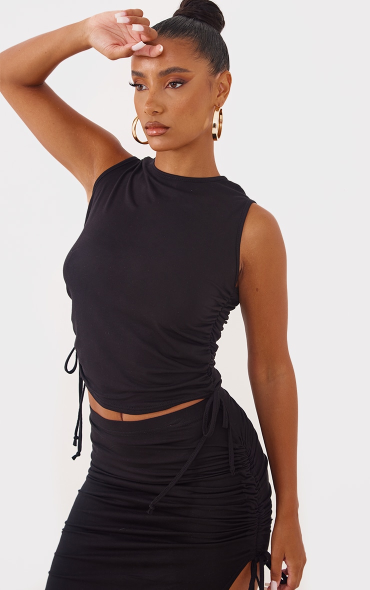 Black Jersey Ruched Side Sleeveless Crop Top image 4