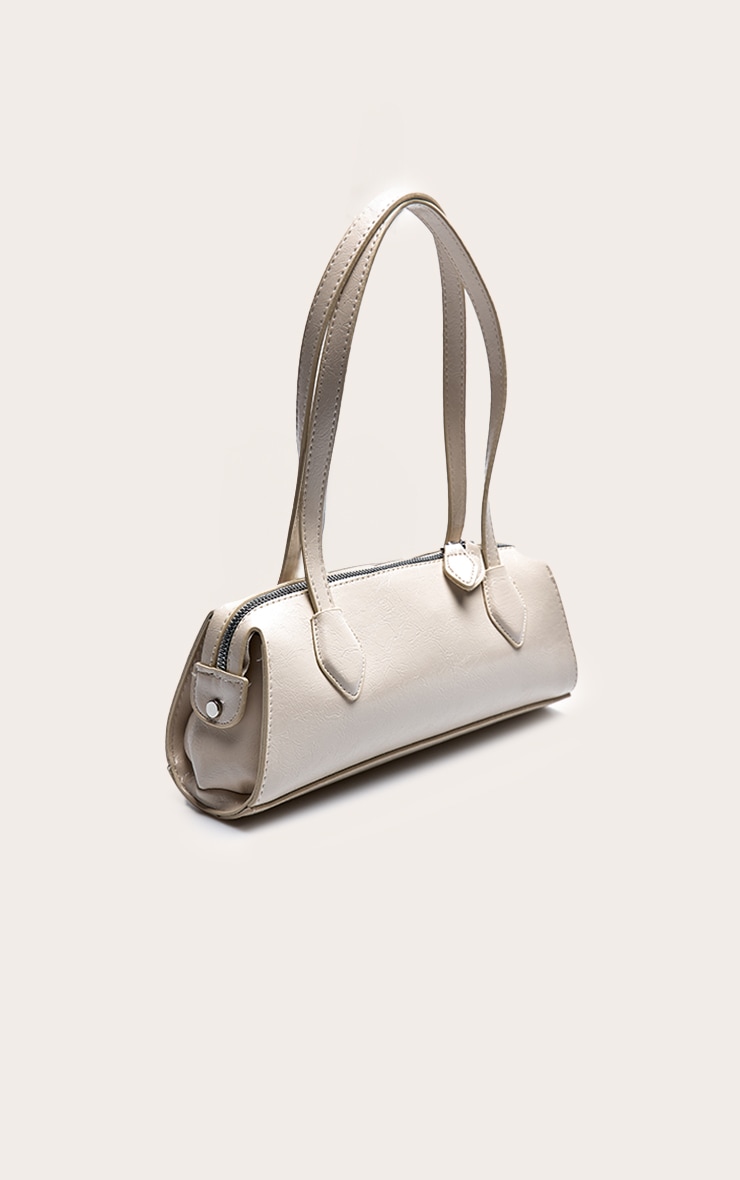 White Textured Faux Leather Bowler Bag image 3
