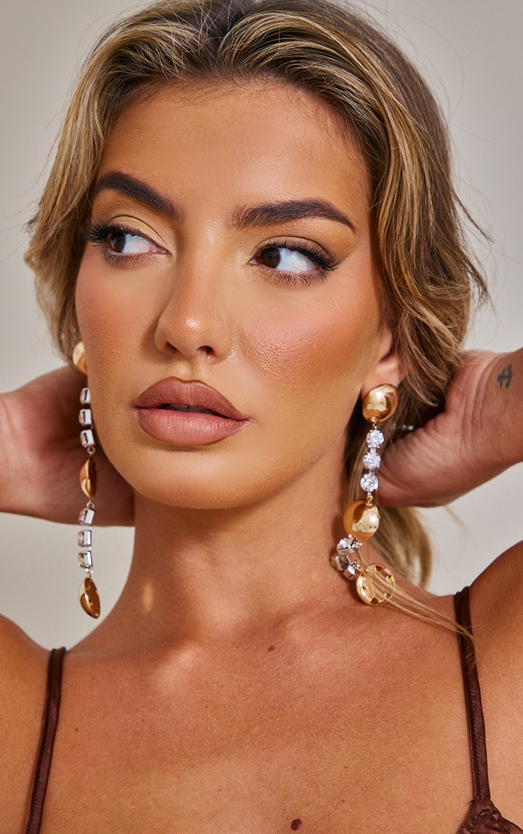 Gold Sphere Diamante Drop Statement Earrings image 1