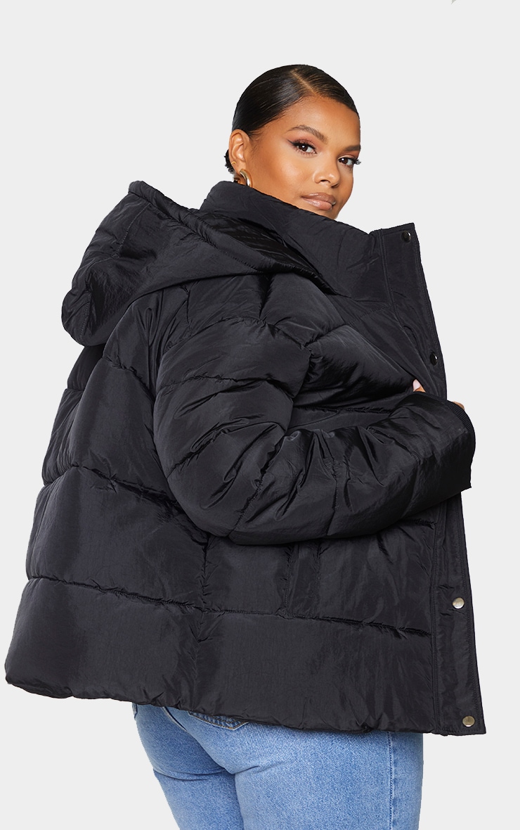 Black peach skin hooded puffer jacket online
