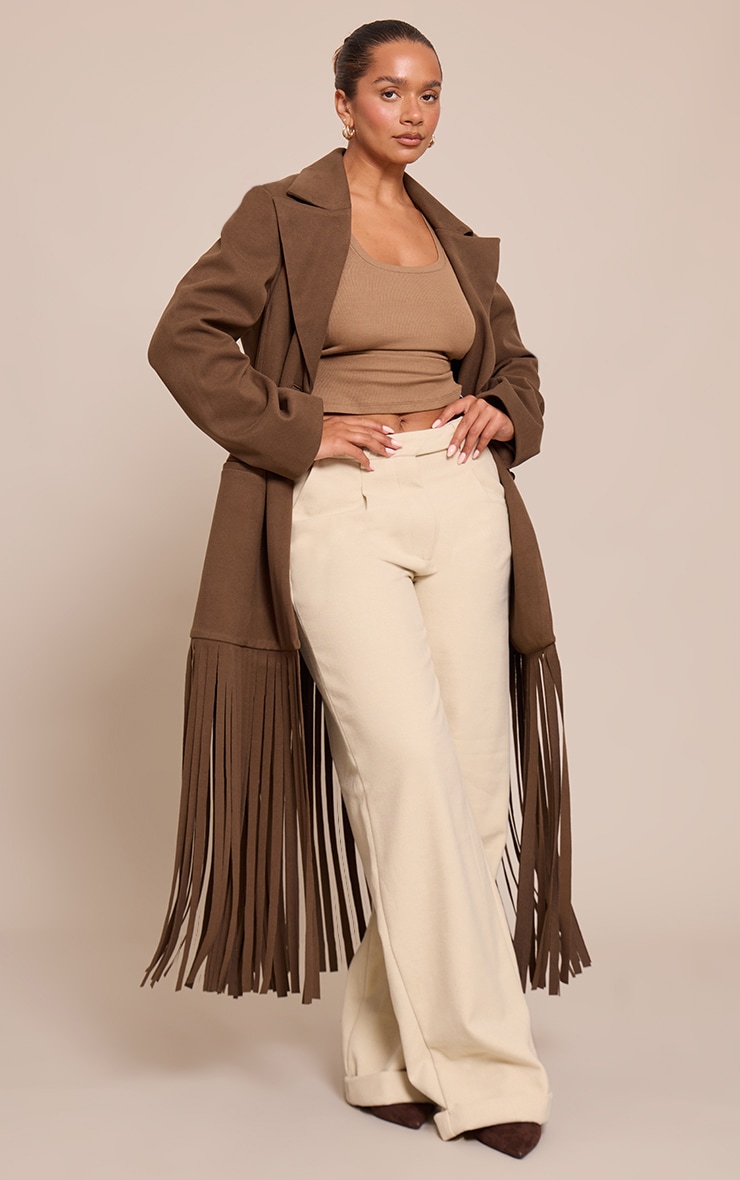 Shape Brown Wool Look Cinched Waist Fringe Hem Blazer image 3