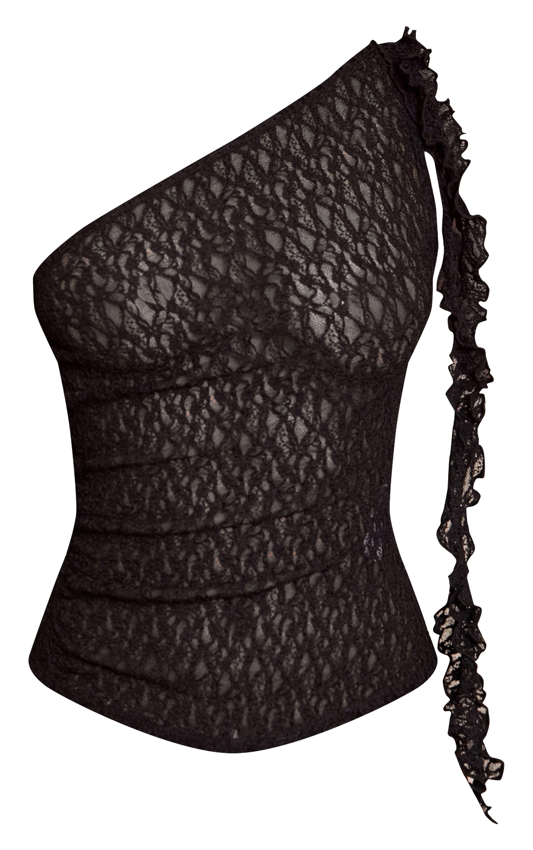 Black Textured Lace Frill Drape Detail Asymmetric Top image 5