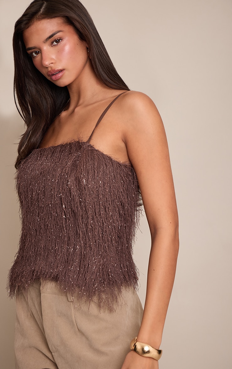 Chocolate Metallic Fringe Cami Top image 1