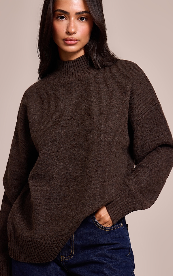 Petite Chocolate Knit Oversized Polo Neck Sweater